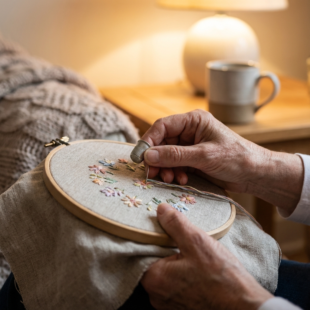 Mãos bordando delicadamente