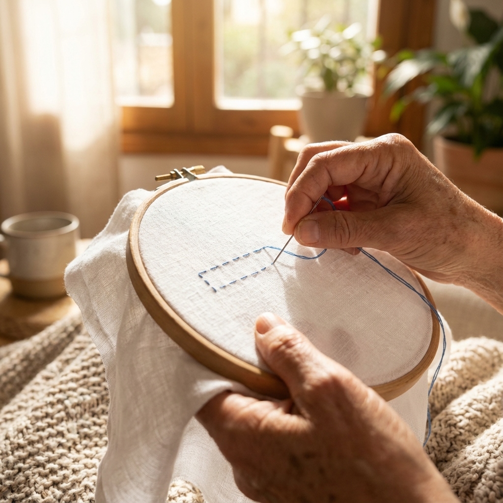 Mãos bordando bastidor com luz natural